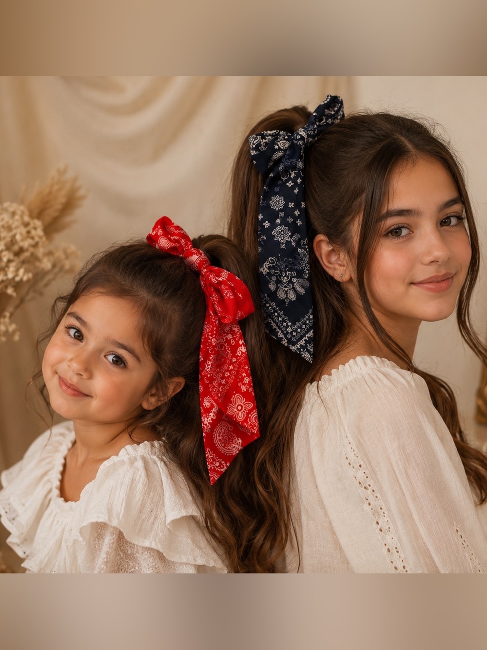 Pearl Handle Bandana Bow Hair Scarves Red & Navy (Set of 2)